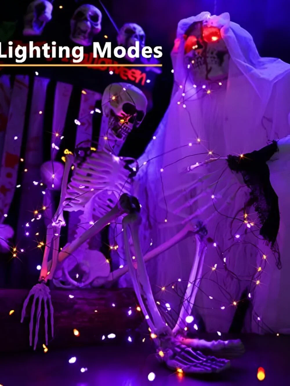 Solar Halloween Lights Outdoor, 2 Pack Total 240 LED Orange Purple